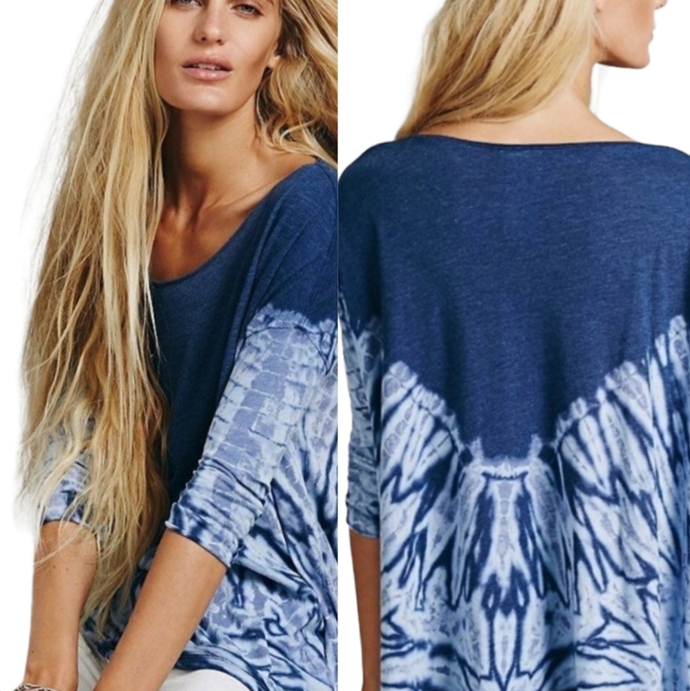 Free People 3/4 Sleeve Tie Dye Tee Blue White M